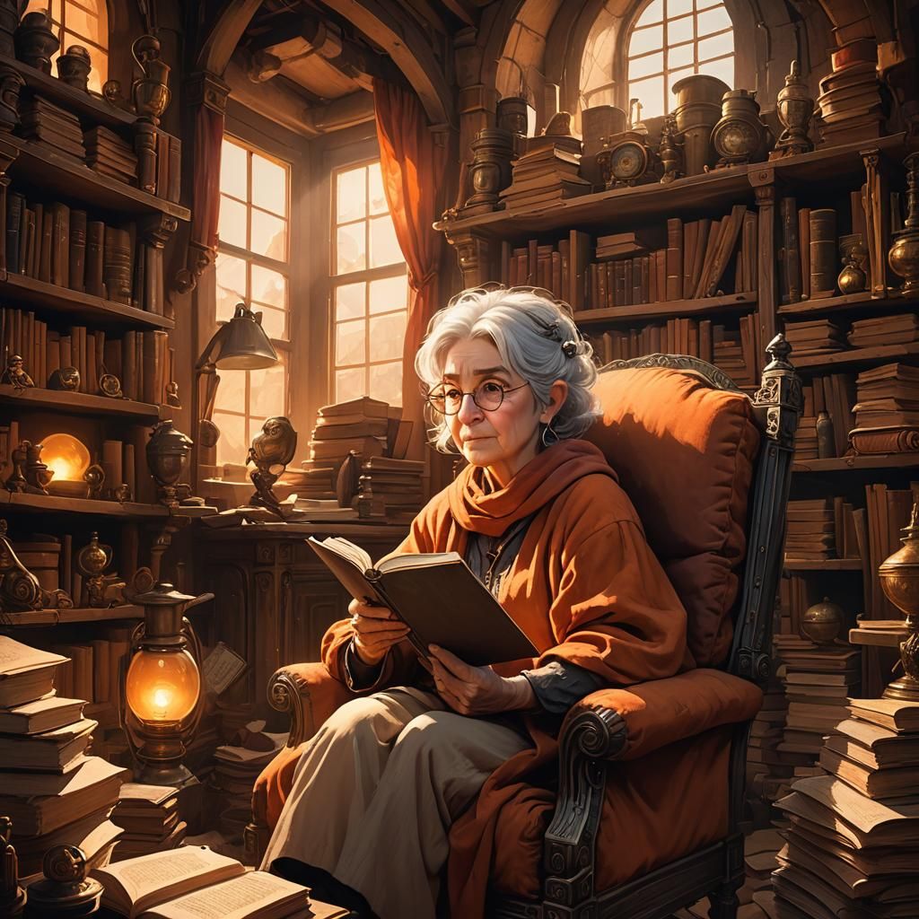 An elderly, short halfling woman posing in a warm, homey, cl...