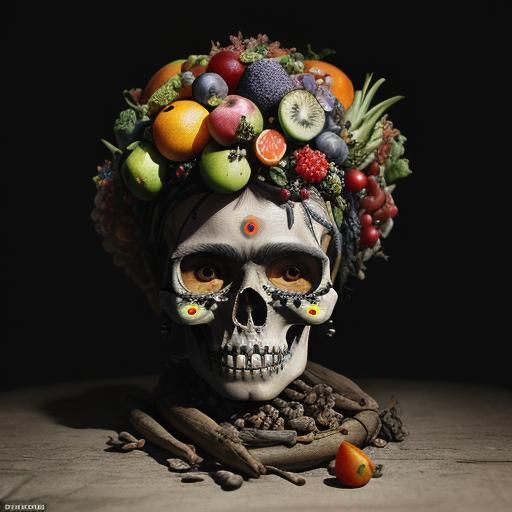 Hyperrealistic Still Life with Frida Kahlo Skull