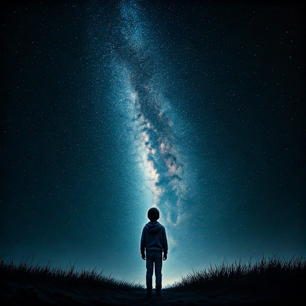 Boy Gazing at Starry Night Sky in HDR