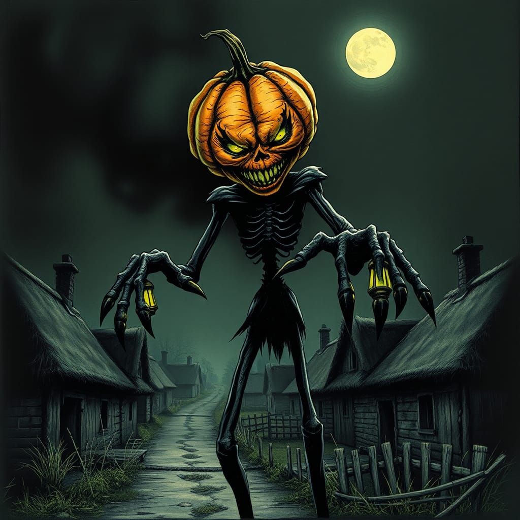 Terrifying Pumpkin-Headed Creature Attacks in Dark Village