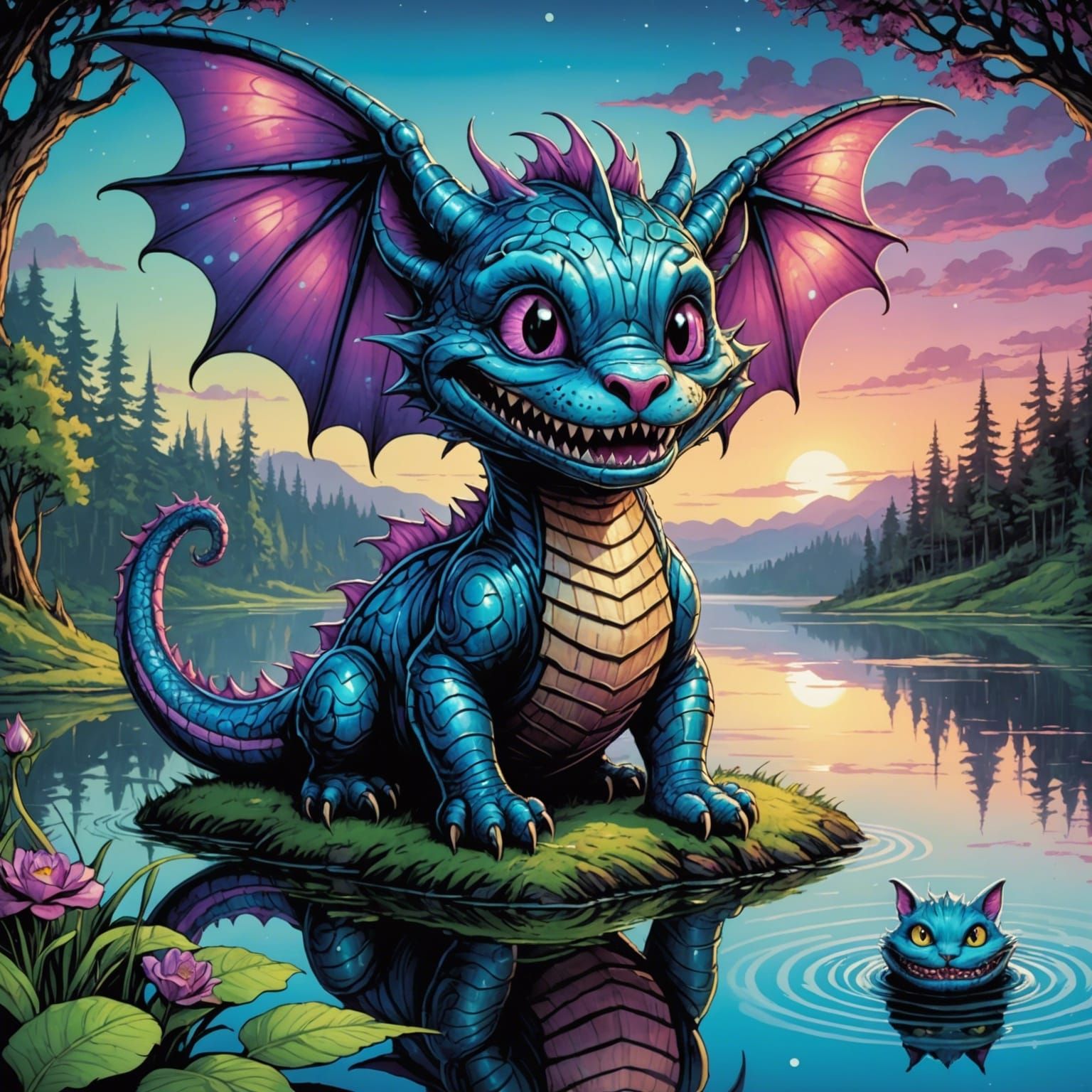 Happy Dragon Cheshire Cat by Lake