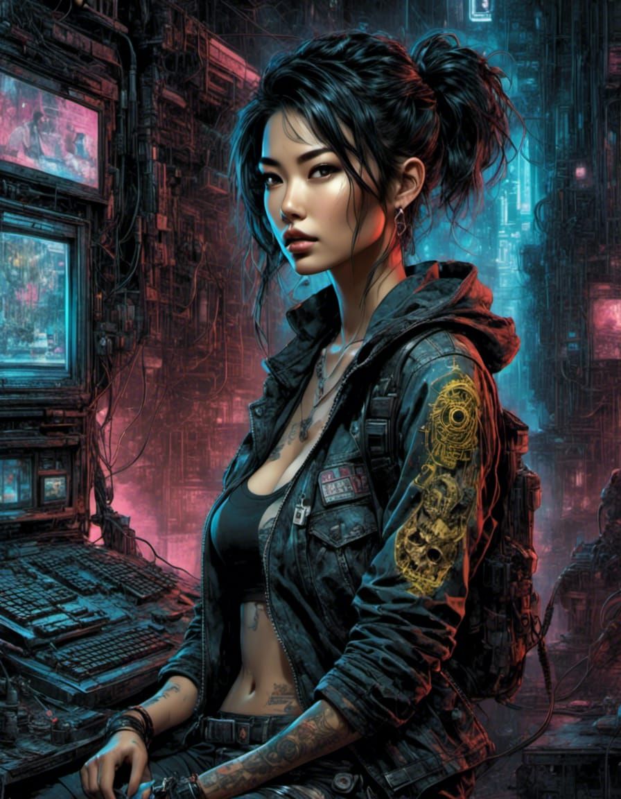 Cyberpunk Asian Woman Pinup in Gritty Digital Art