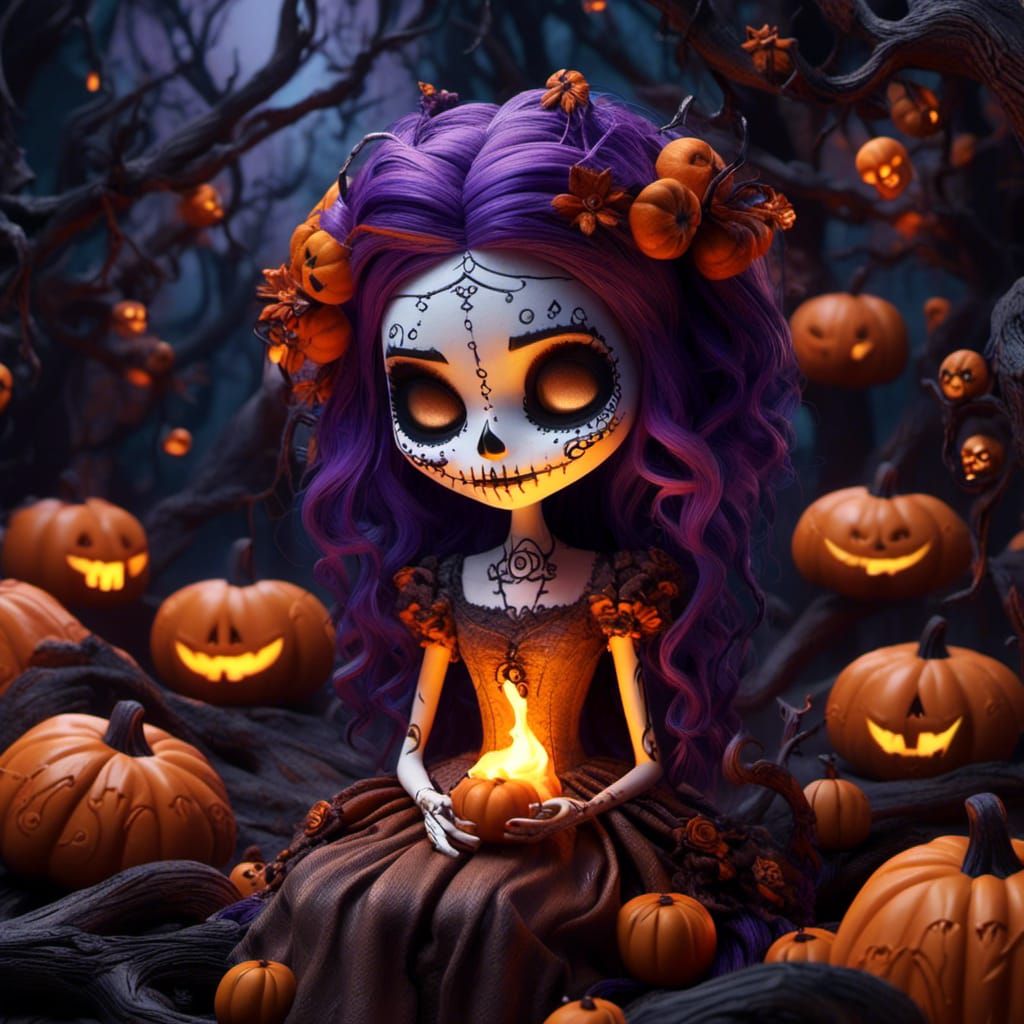 Sugar Skull Girl in Whimsical Gothic Forest