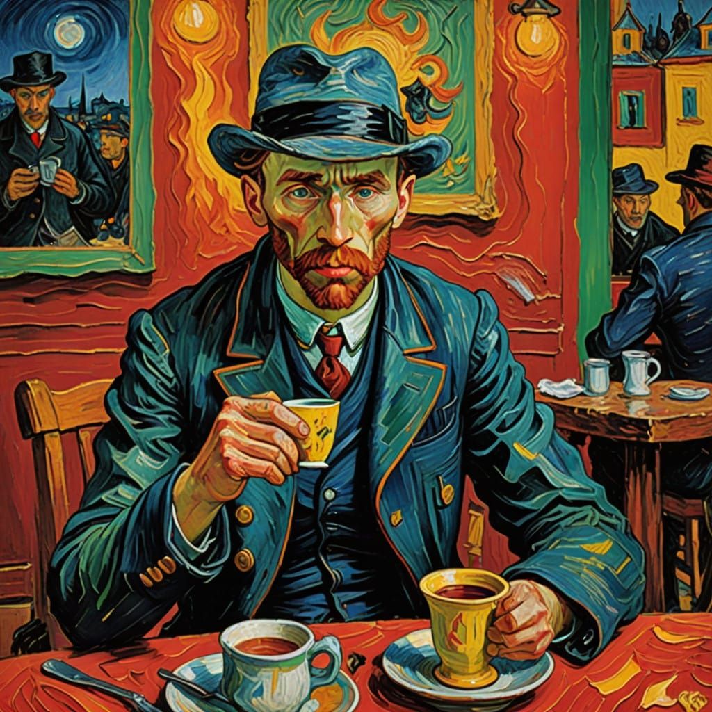 Emperor Sips Coffee in Neo-Expressionist Night Scene