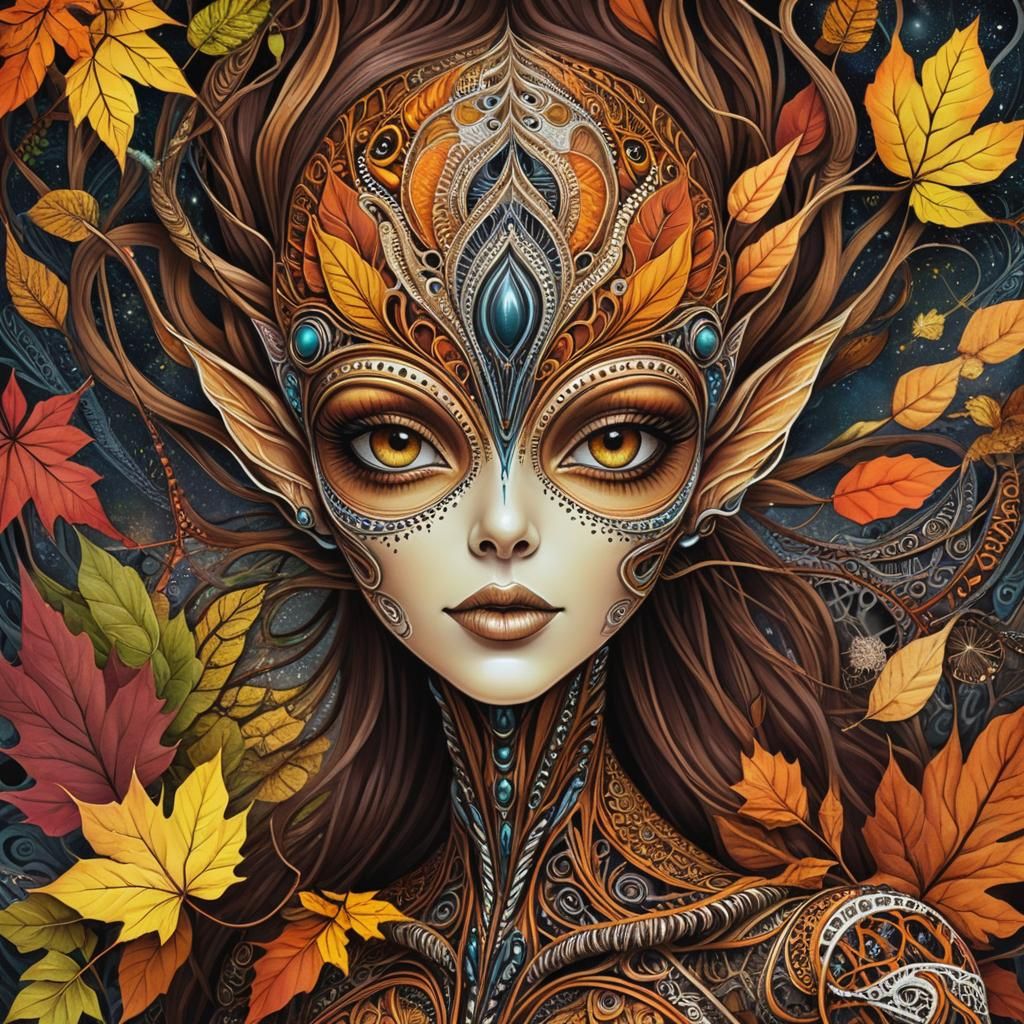 Alien Woman Portrait in Zentangle Style, Autumn Colors