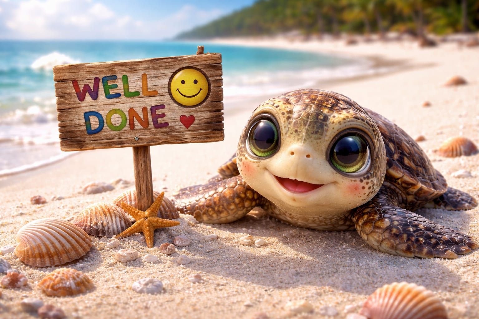 Cute Turtle With 'Well Done' Sign on Sandy Beach