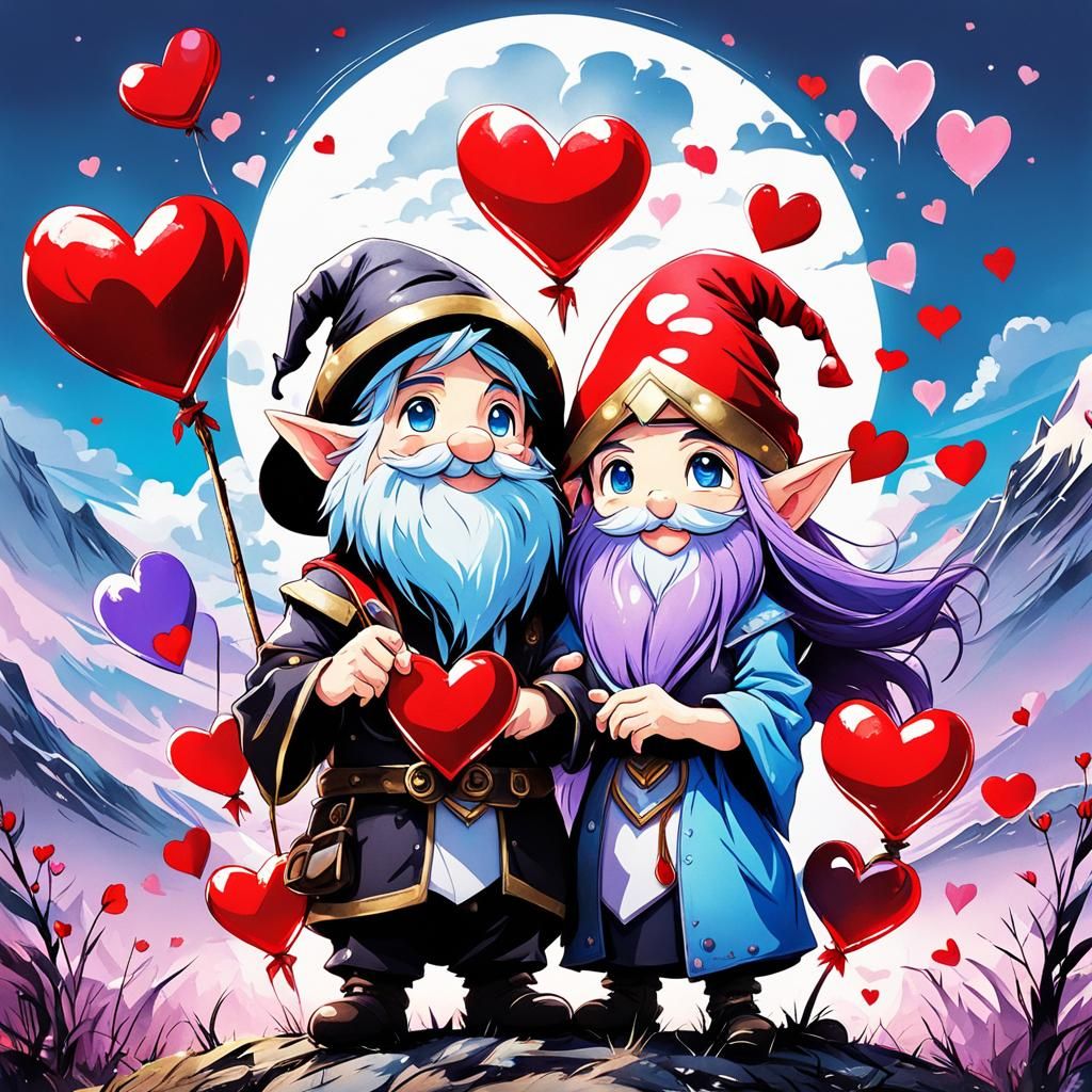 Cartoon Valentine Gnome Couple with Expressive Ink Washes