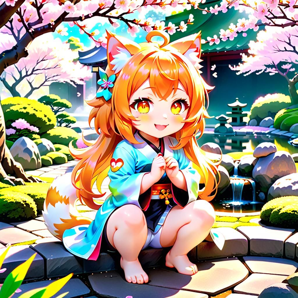 Smiling Neko Girl in Japanese Garden: Chibi Anime Style