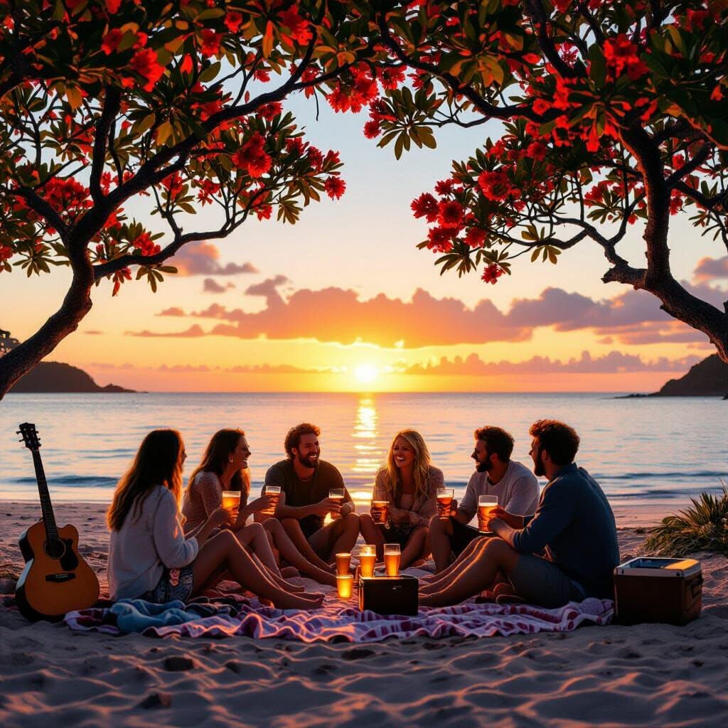 Friends Celebrate Twilight on a Radiant Beach
