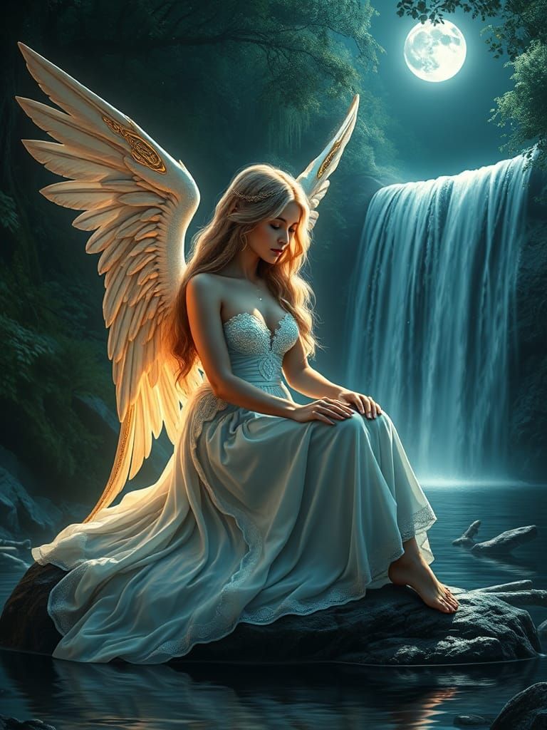 Fallen Angel Contemplation Under Moonlight, Hyperrealistic C...