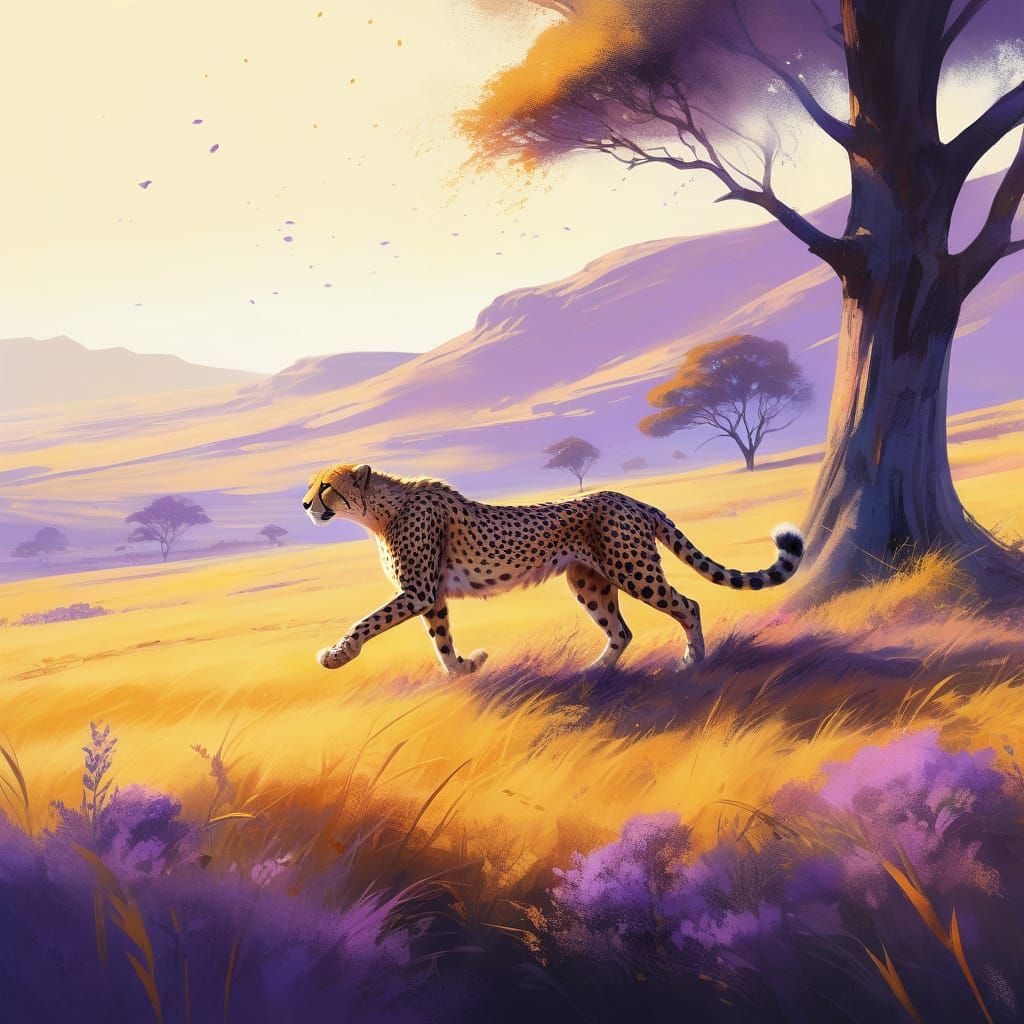 Delicate Cheetah Runs through a Vibrant Savannah Landscape
