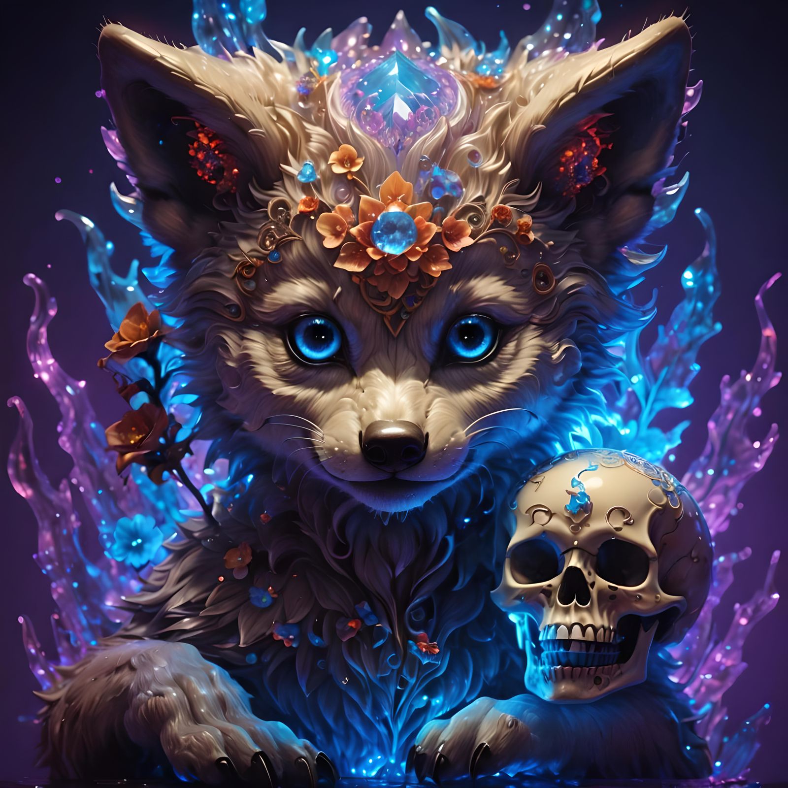 Wolf Pup with Skull: Bioluminescent Fantasy Artwork