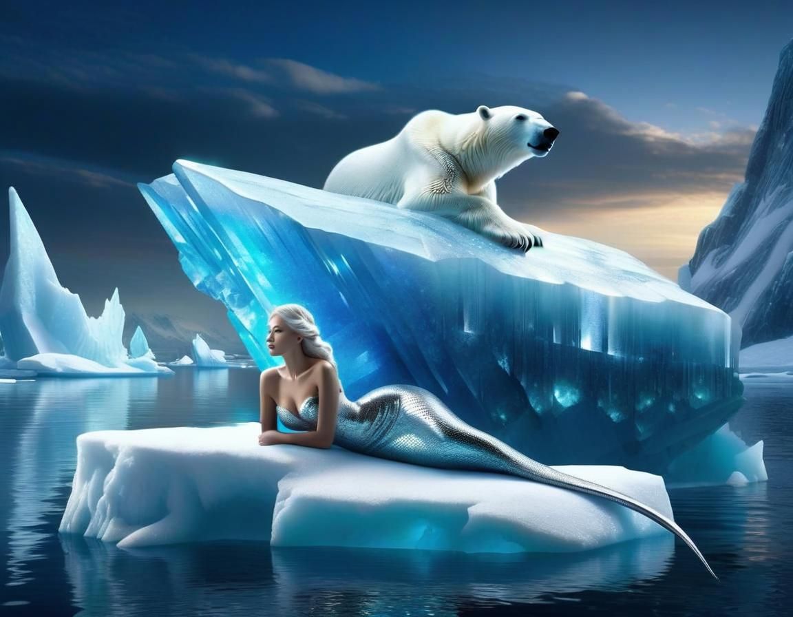 Silver Mermaid Lounging on Arctic Iceberg