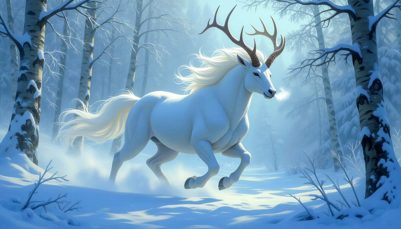 Ethereal Frost Antelope in Pastel Forest Oil Painting