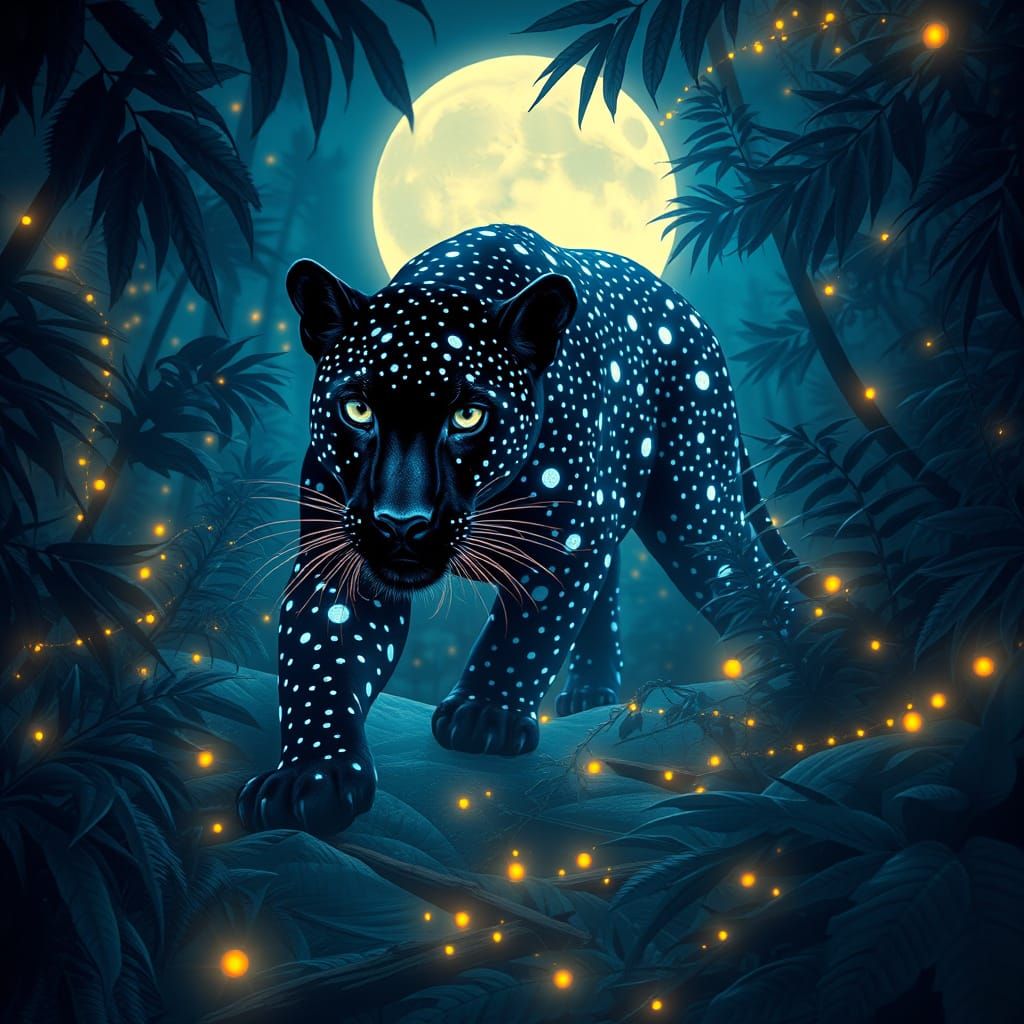 Bioluminescent Panther in Moonlit Jungle, Klimt Style