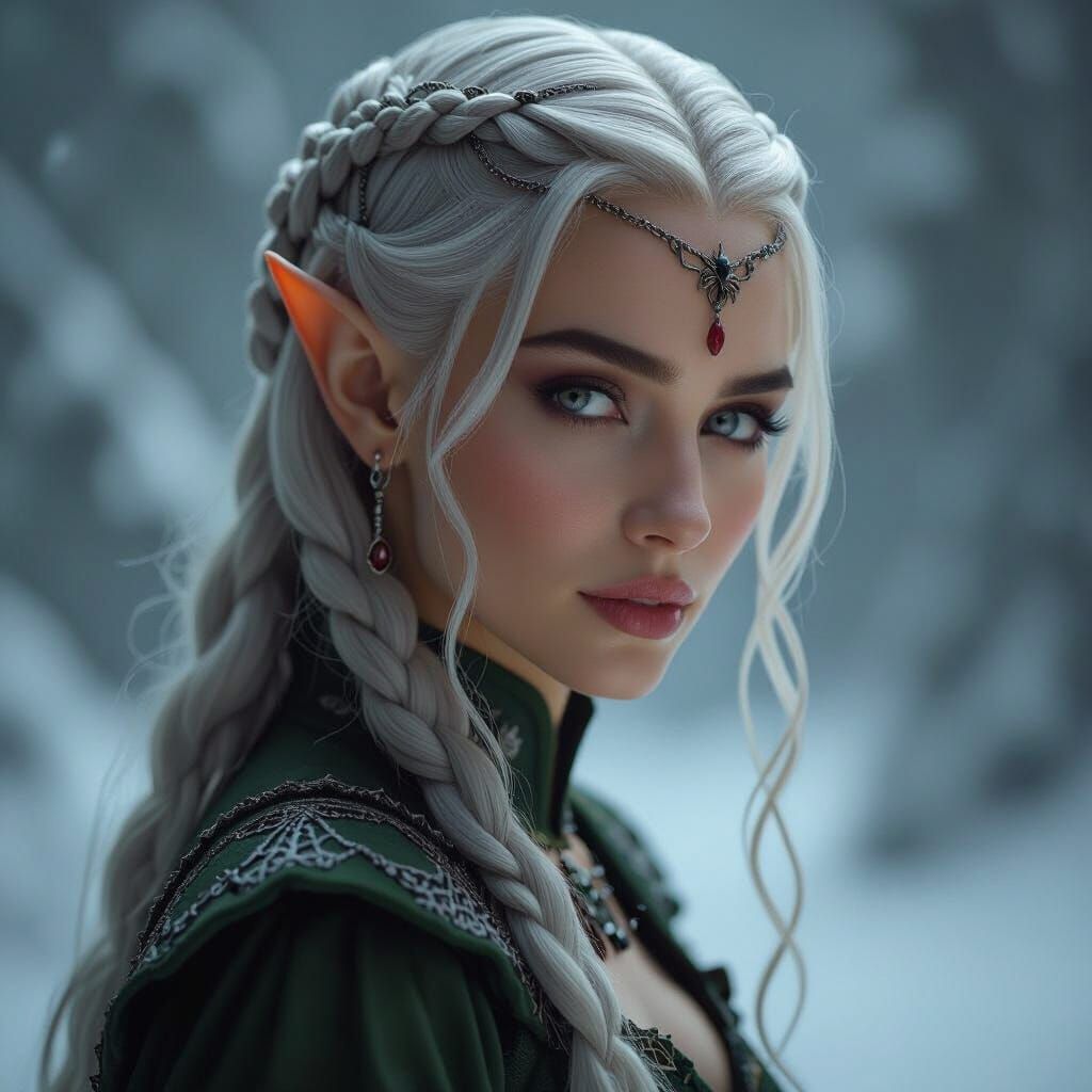 Imperious Elven Lady with Silver Hair and Ruby Ferroniere