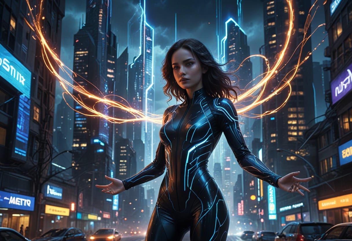 Futuristic Woman Summons Energy Entity in Cyberpunk City