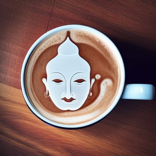 latte art of Buddha head, wooden table, cafe