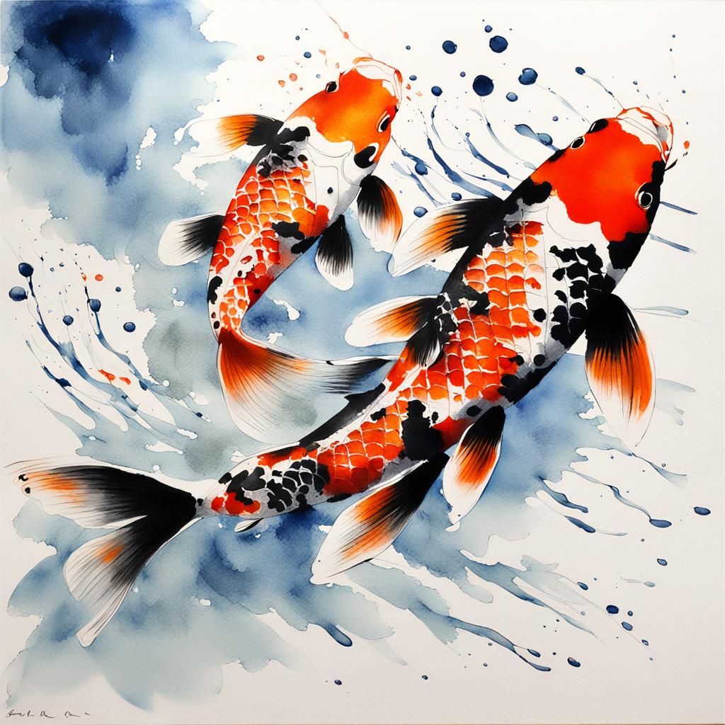 Koi Fish swimming through splashes of ink