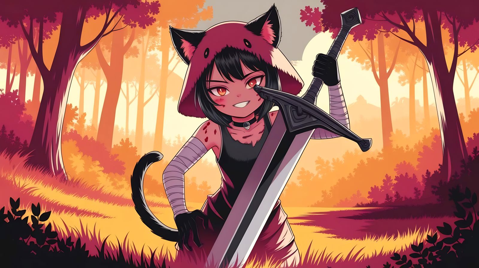 Glowing Forest Catgirl Wields Sword in Hopeful Resilience