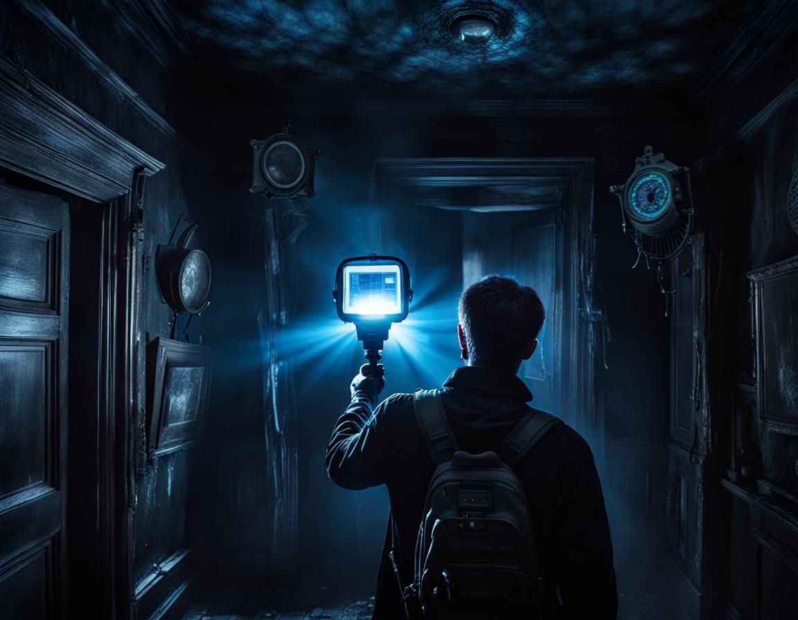 Ghost Hunter in Haunted House with EMF Meter