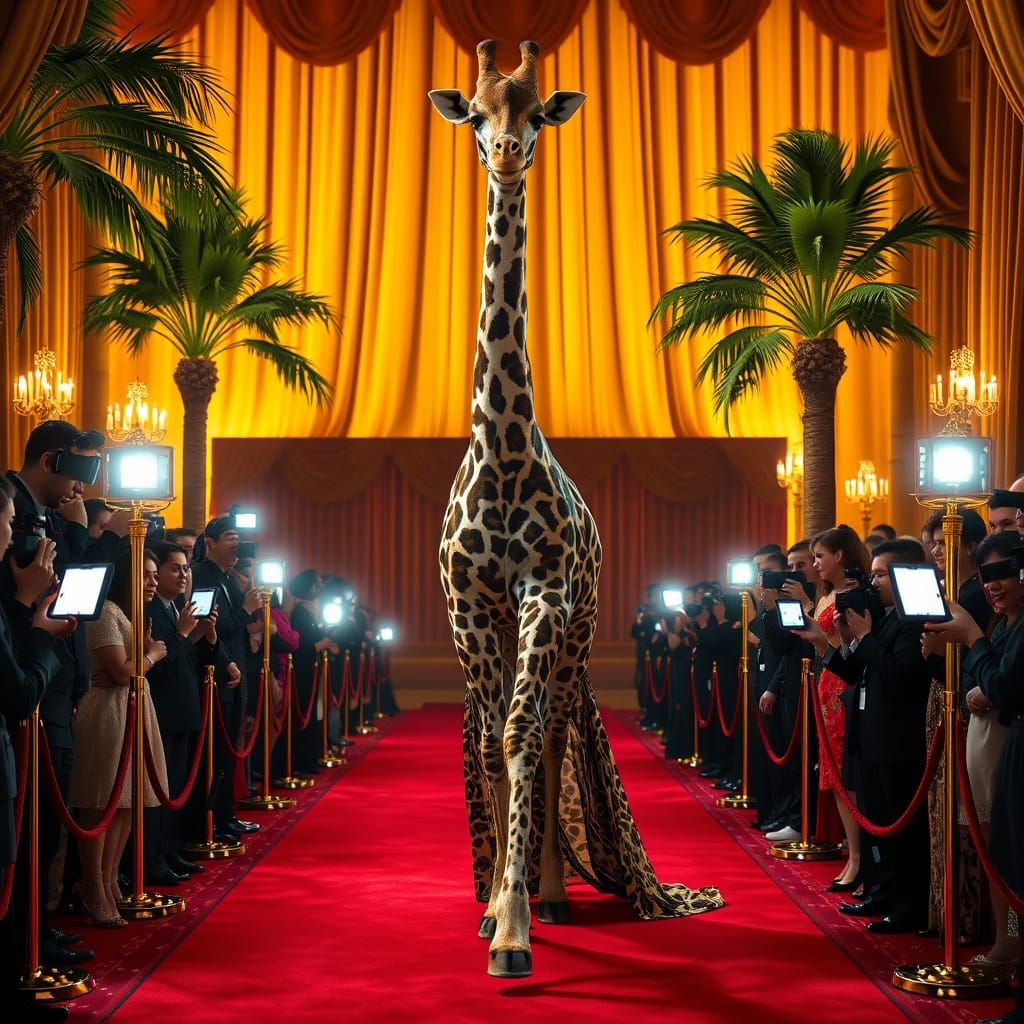 Giraffe in Leopard Print Evening Gown Walks Oscars Red Carpe...