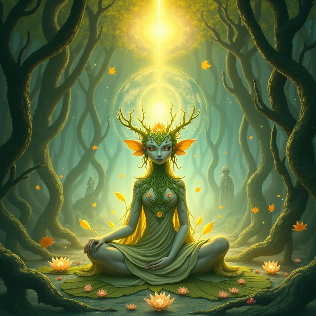 Serene Plant Creature in Vine Temple with Ethereal Glow