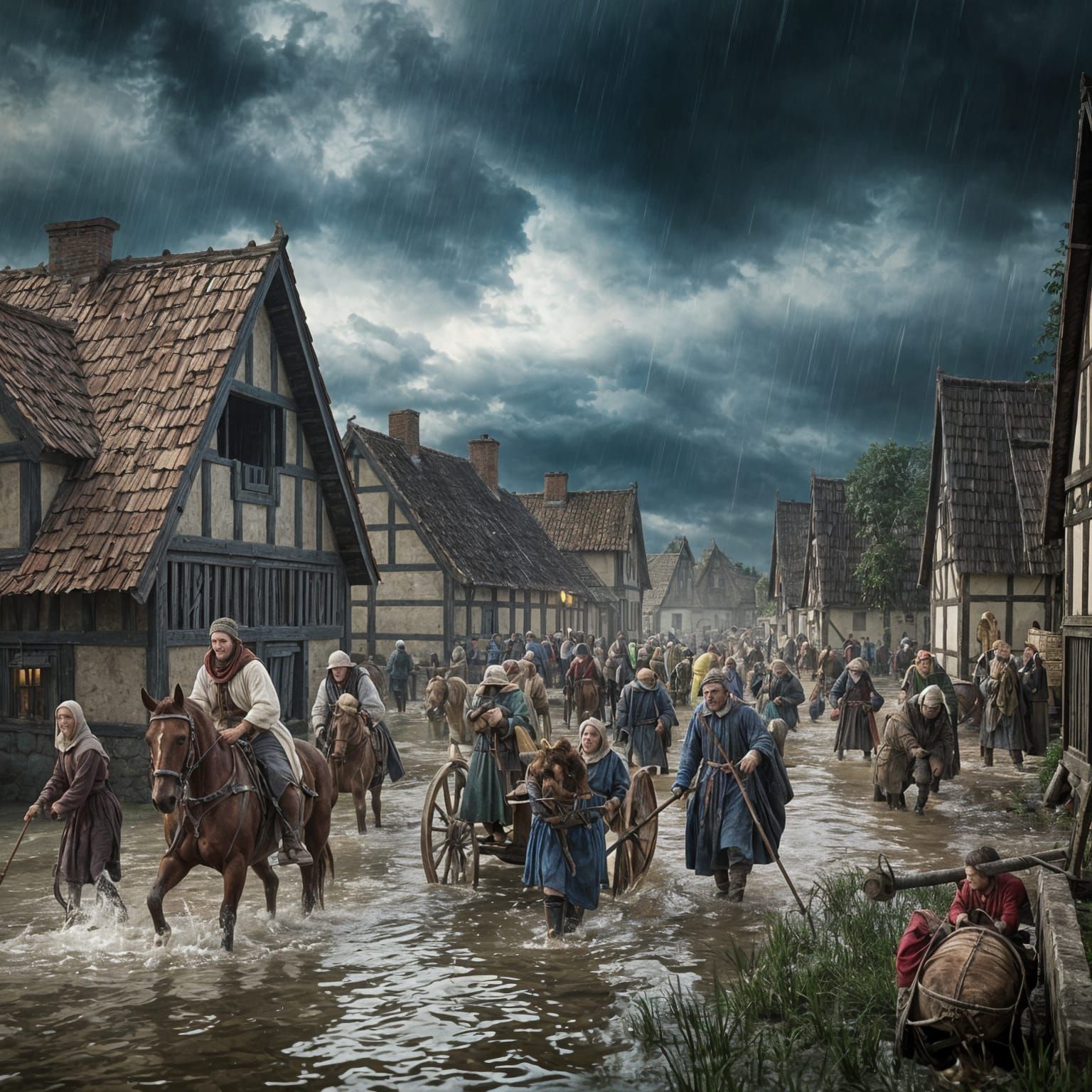 Medieval Village Retreats from Approaching Flood in 3D