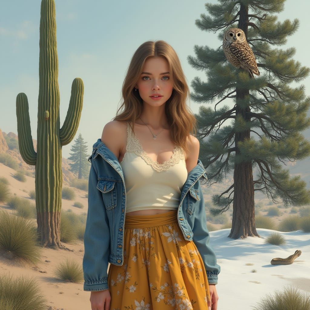 Serene Desert to Snow Landscape with Golden Goddess