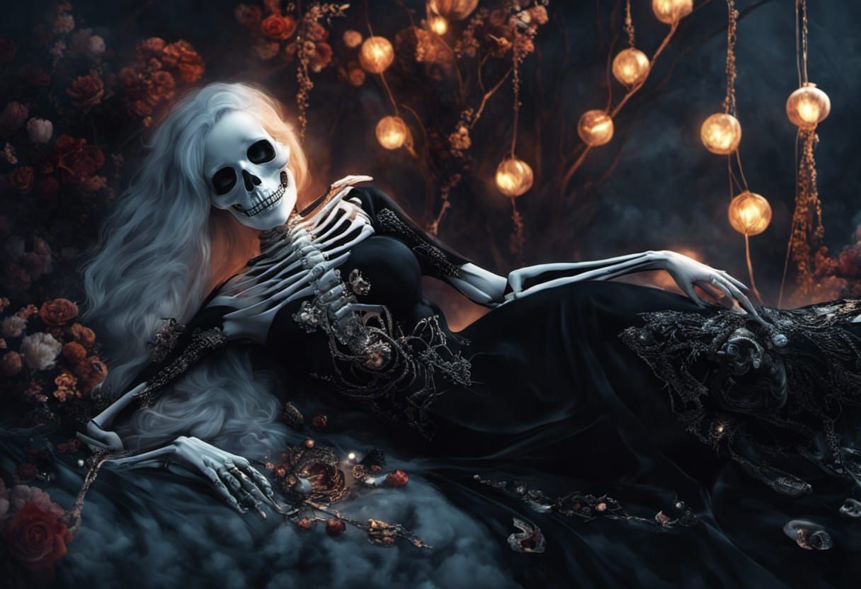 Ethereal Skeleton in Black Dress on Catafalque