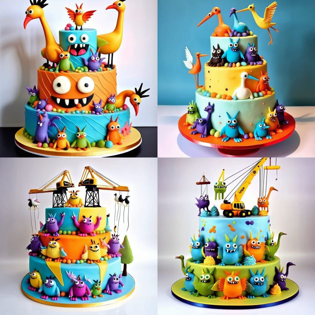 Whimsical Cake Creatures with Majestic Cranes