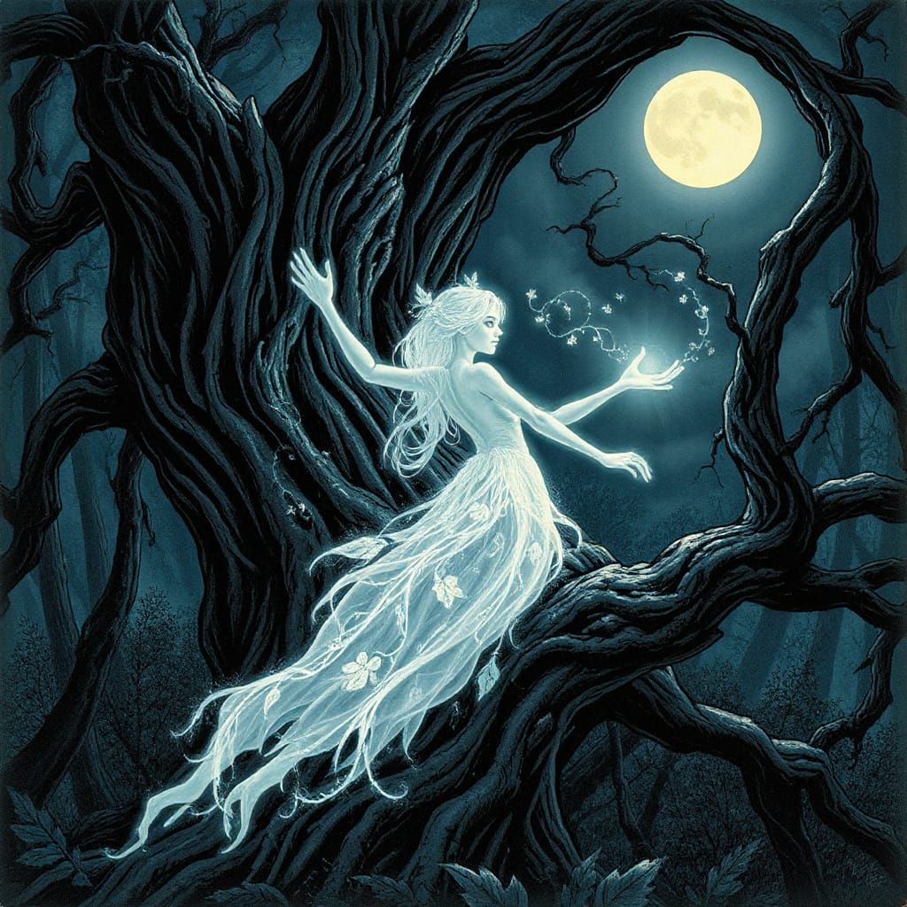 Spectral Dryad of White Energy Emerging from Oak Tree