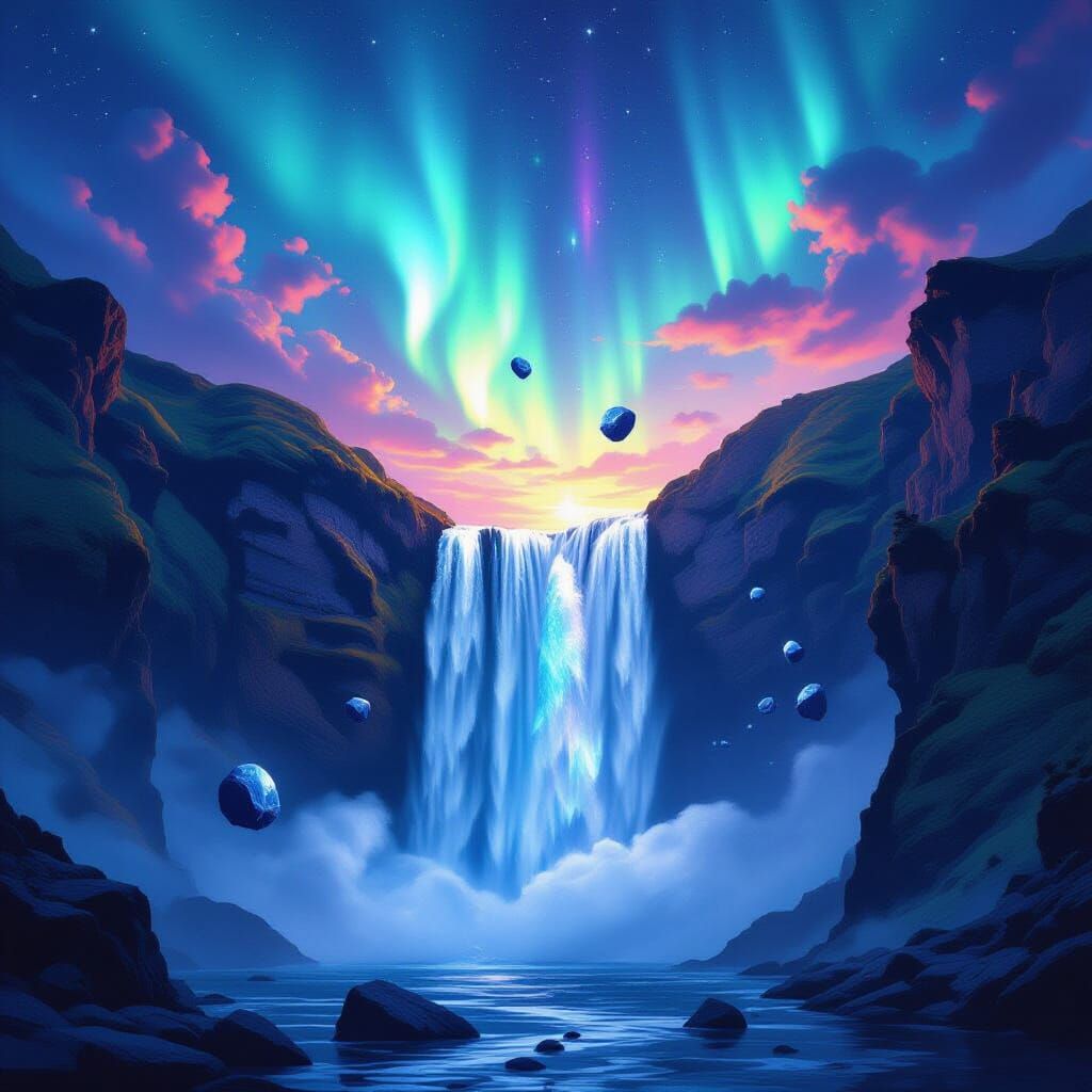 Majestic Waterfall with Glowing Crystals and Aurora