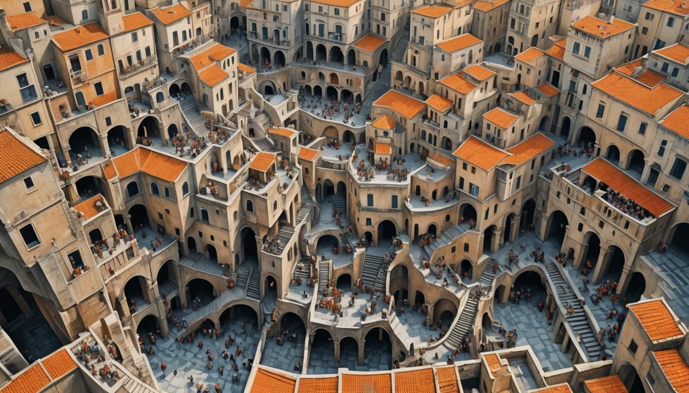 Surreal Matera Market with Escher-Inspired Architecture