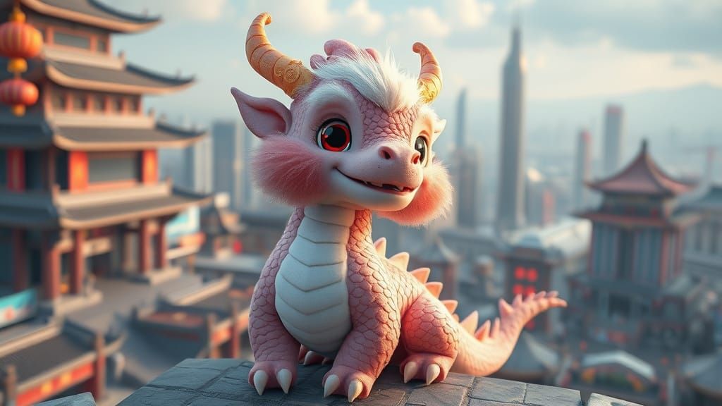 Whimsical Dragon Amidst Futuristic Beijing