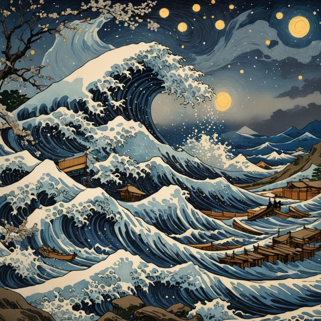 Great Wave Meets Starry Night: Ukiyo-e Impression