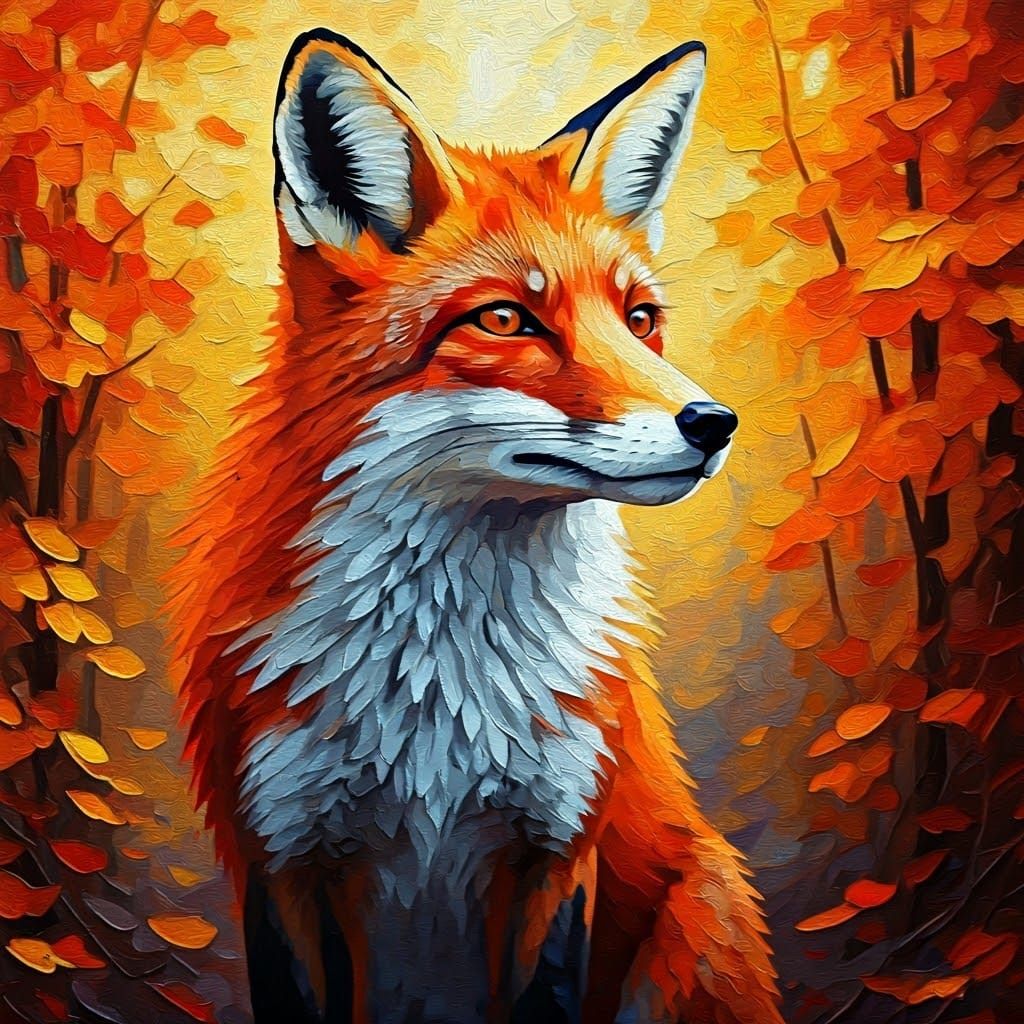 Red Fox in Autumn Forest as Impasto Painting