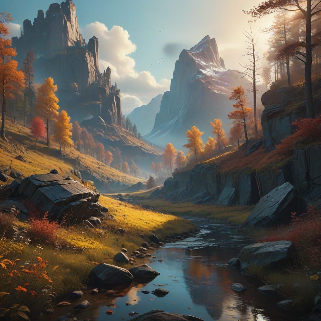 Ethereal Dawn Landscape in Painterly Style