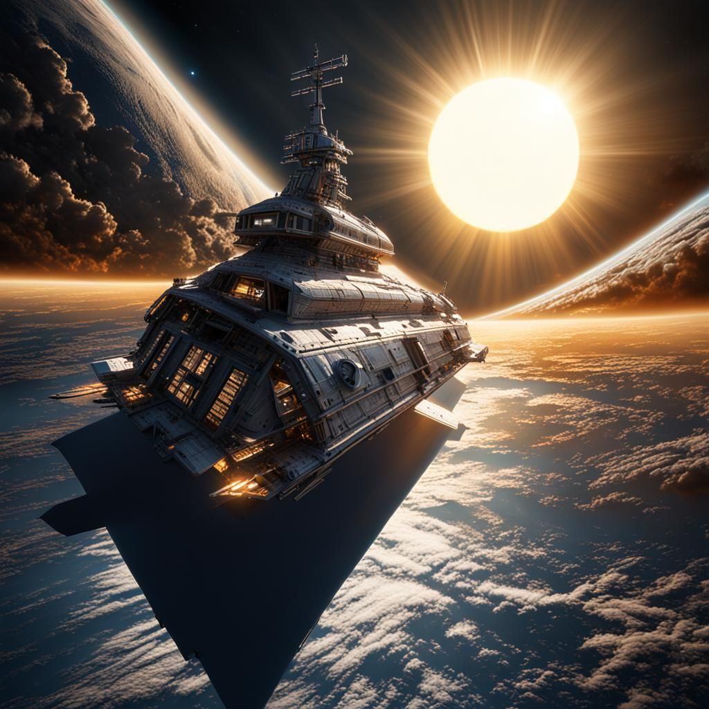 Hyperrealistic Space Boat Sails Past the Sun