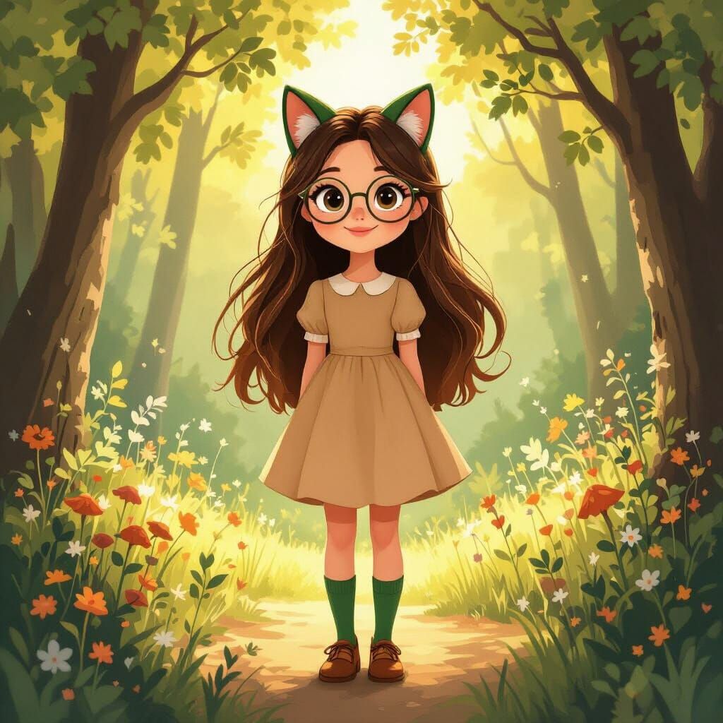 Cute Woman with Cat Ears in Golden Hour Forest