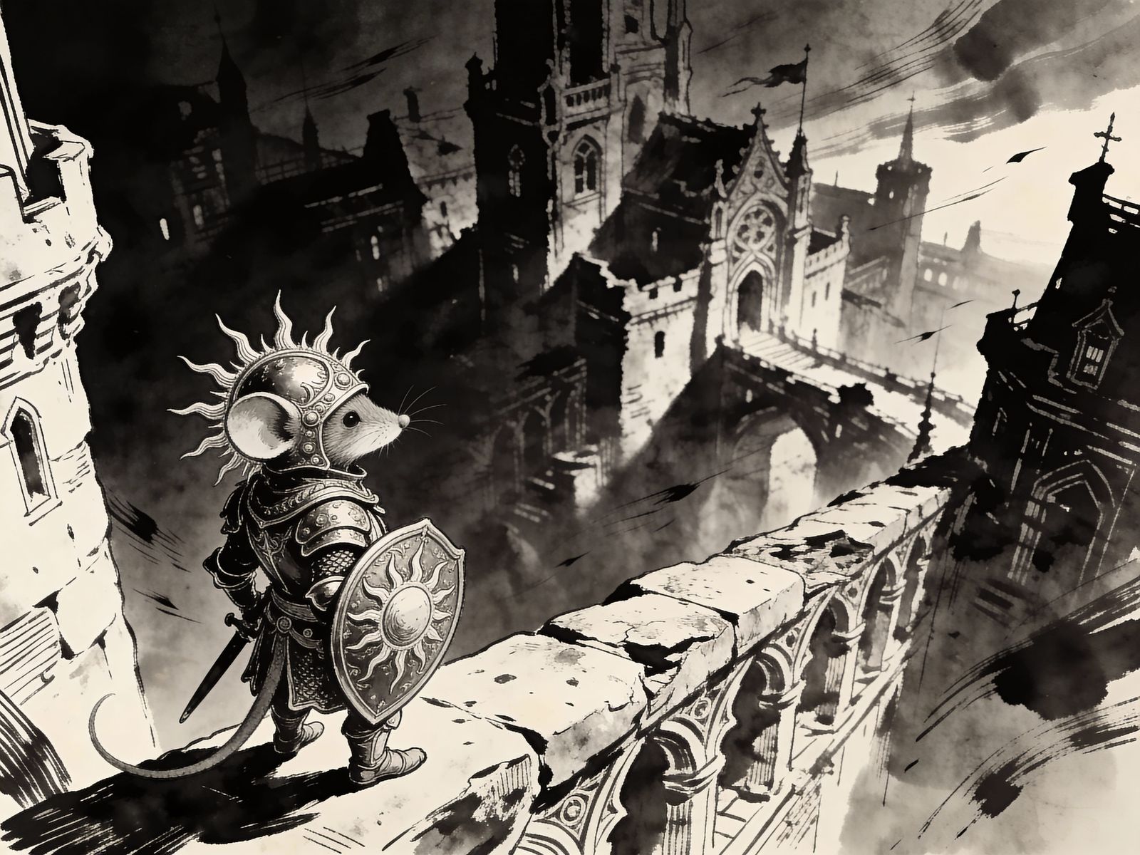 Mouse Knight on Watch in Fantasy Cityscape