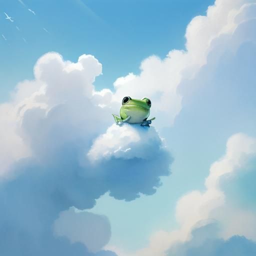 Dreamy Frog on Cloud in Watercolor Style
