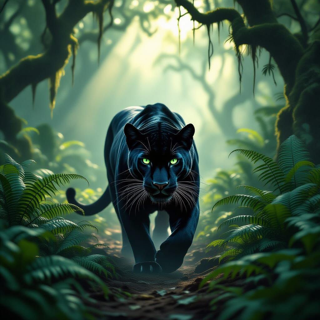 Black Panther in Misty Forest Digital Painting