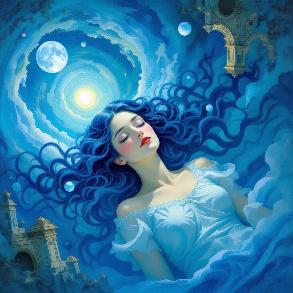Surreal Dreamscape of Ethereal Woman in Azure Hues