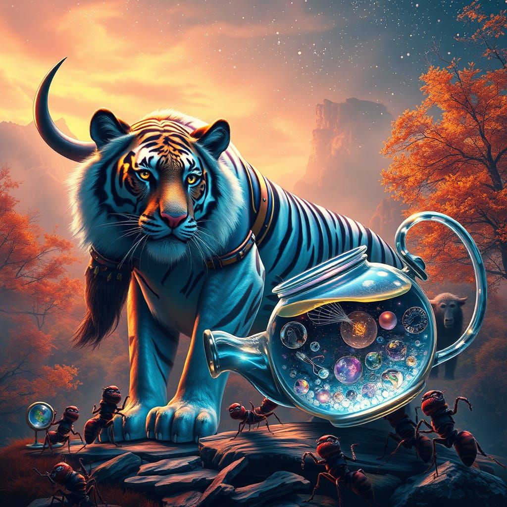 Iridescent Tiger in Starry Autumn Landscape