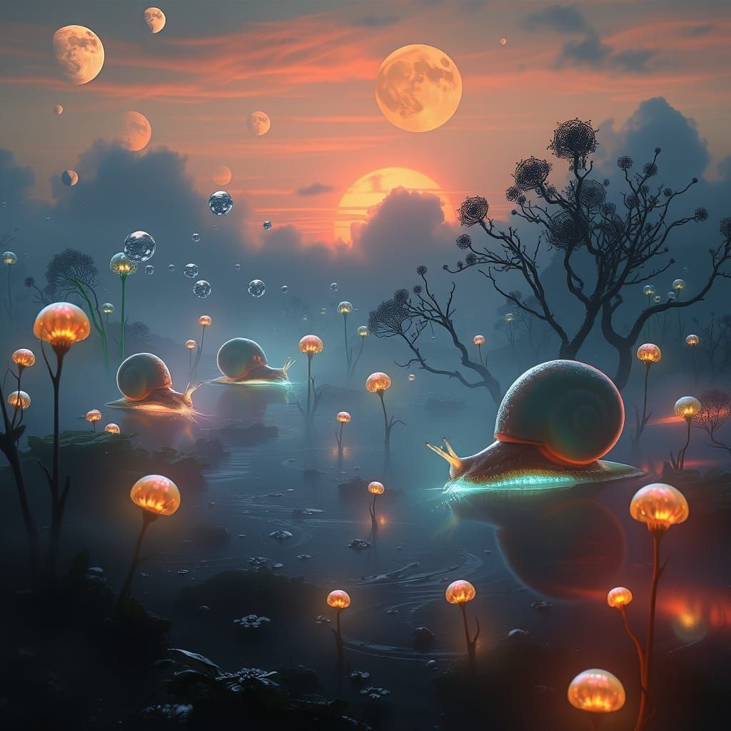 Ethereal Marsh Landscape with Glowing Alien Snails and Bizar...