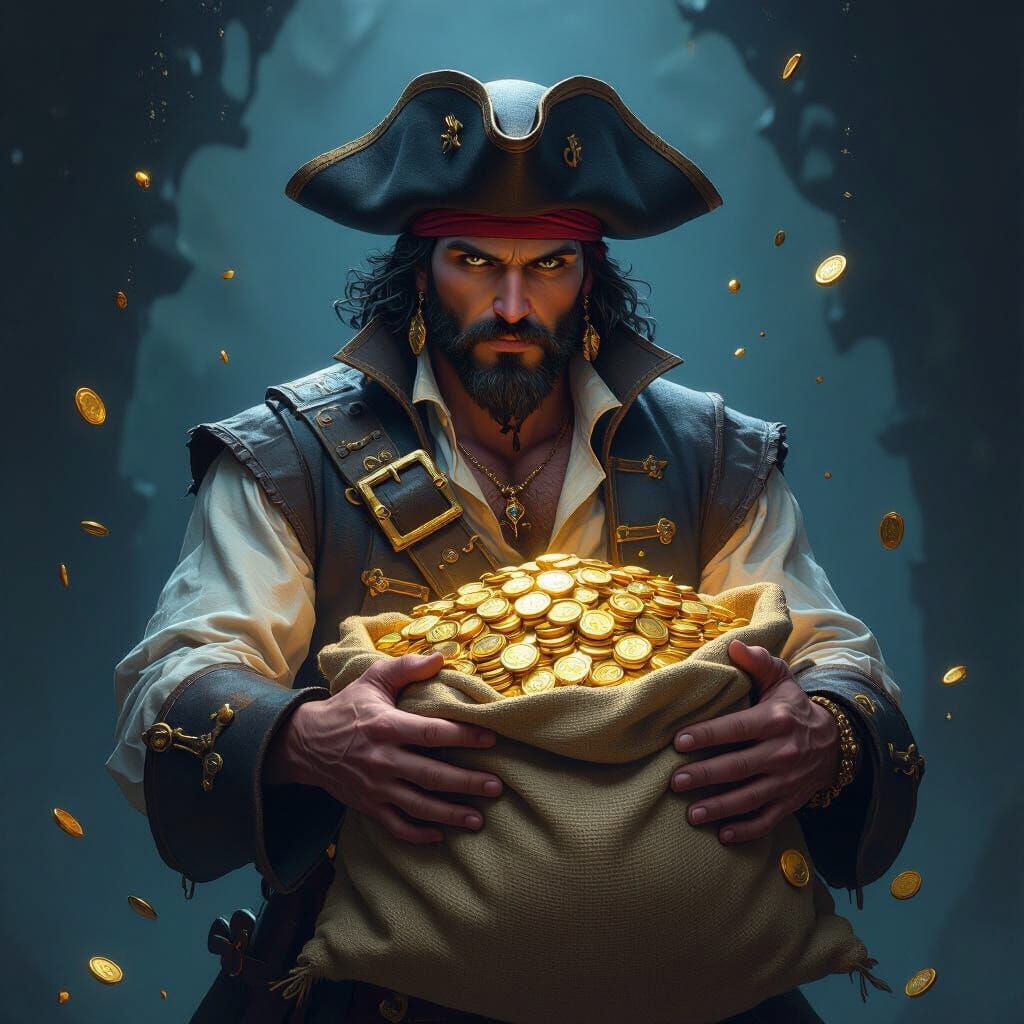 Rugged Pirate with Gold in Dark Fantasy Style