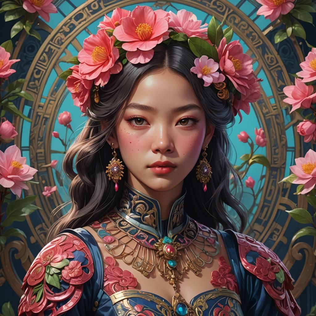 Art Nouveau Portrait with Camelia Flower