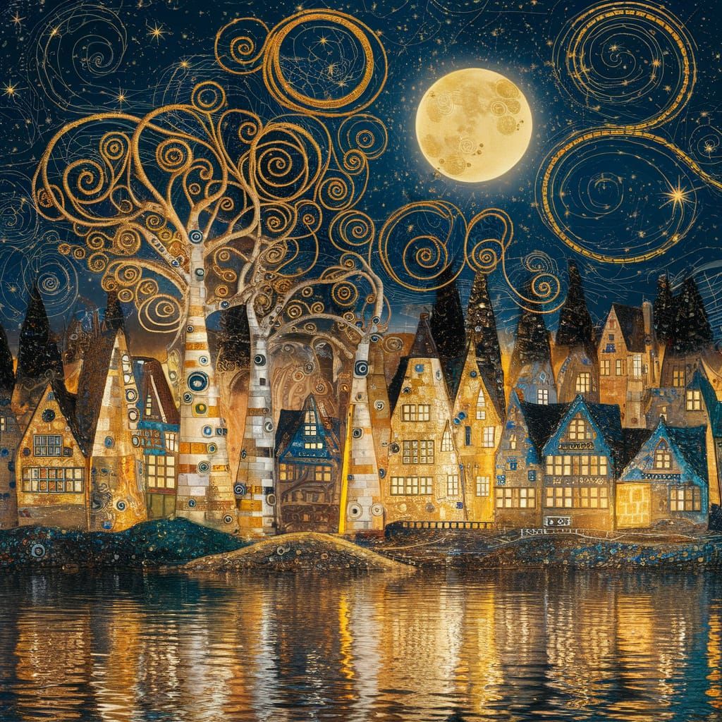Golden Nightscape with Mosaic Trees and Village