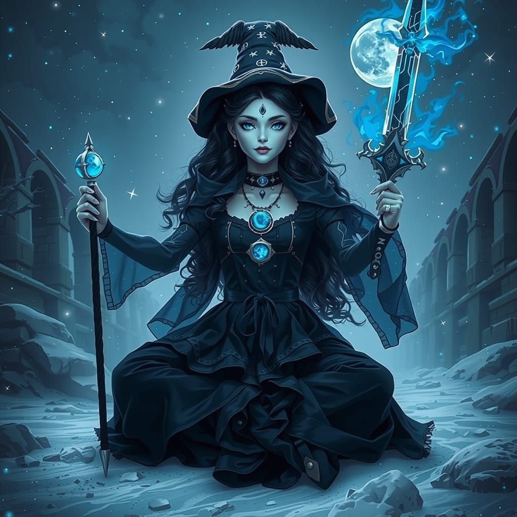 Mystical Sorceress in Moonlit Ruins